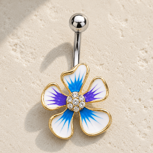 Gold plated hibiscus flower navel ring 14G, blue purple white enamel clear CZ center 316L stainless steel belly ring