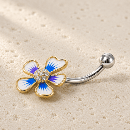 Side view of gold plated hibiscus flower navel ring, 14G 316L stainless steel, 18 x 20mm flower design
