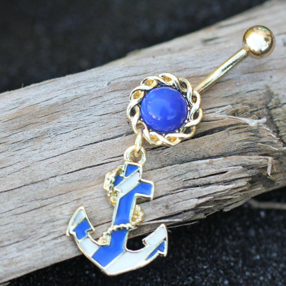 Gold Plated Hooked Blue Anchor Dangle Navel Ring Navel Ring Impulse Piercings