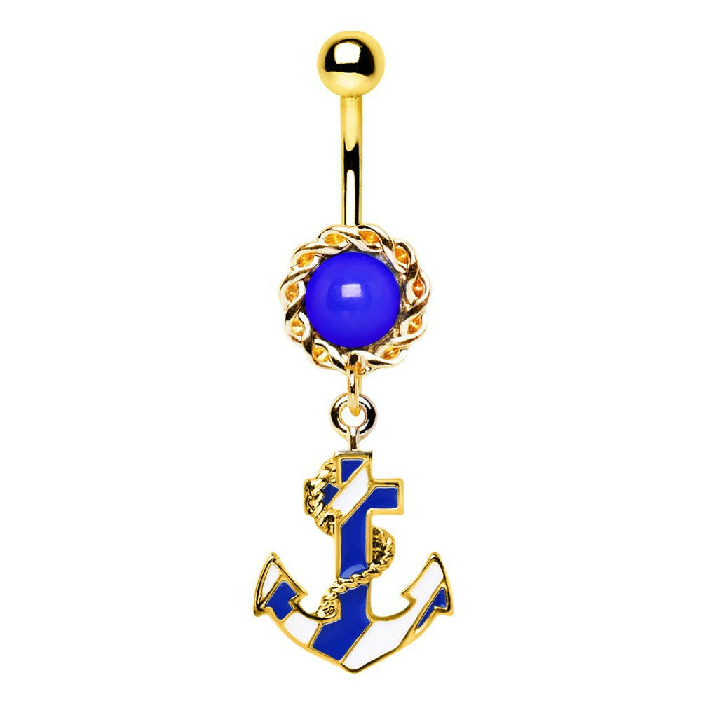 Gold Plated Hooked Blue Anchor Dangle Navel Ring Navel Ring Impulse Piercings