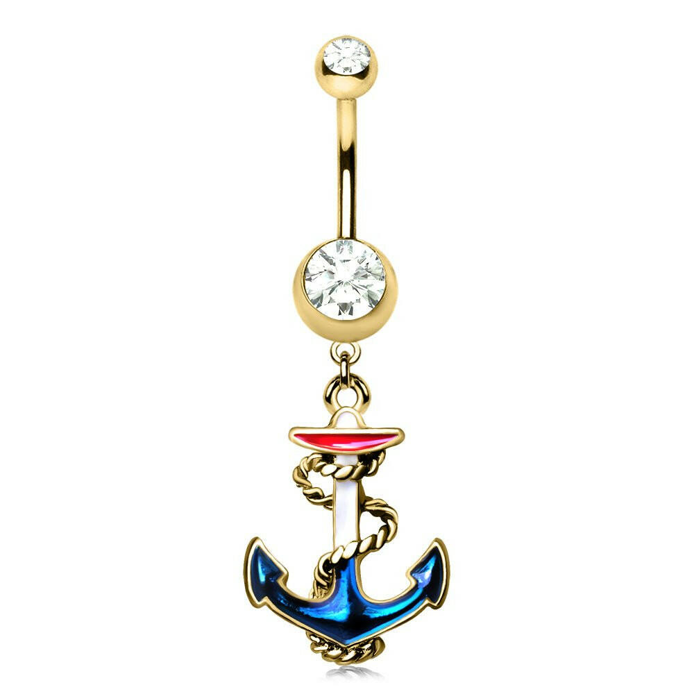 Gold Plated Hooked Vintage Anchor Dangle Navel Ring Navel Ring Impulse Piercings