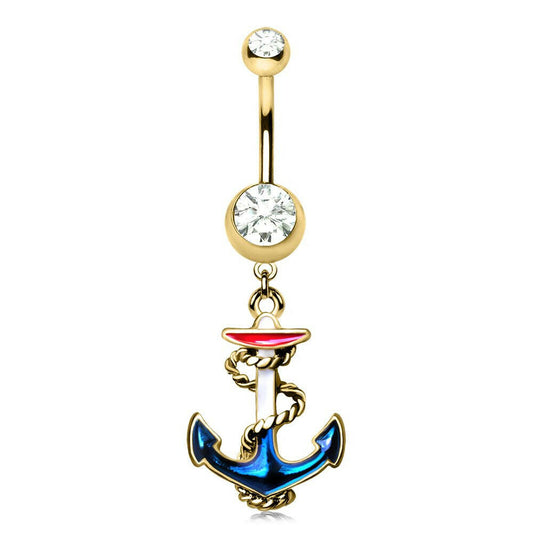 Gold Plated Hooked Vintage Anchor Dangle Navel Ring Navel Ring Impulse Piercings