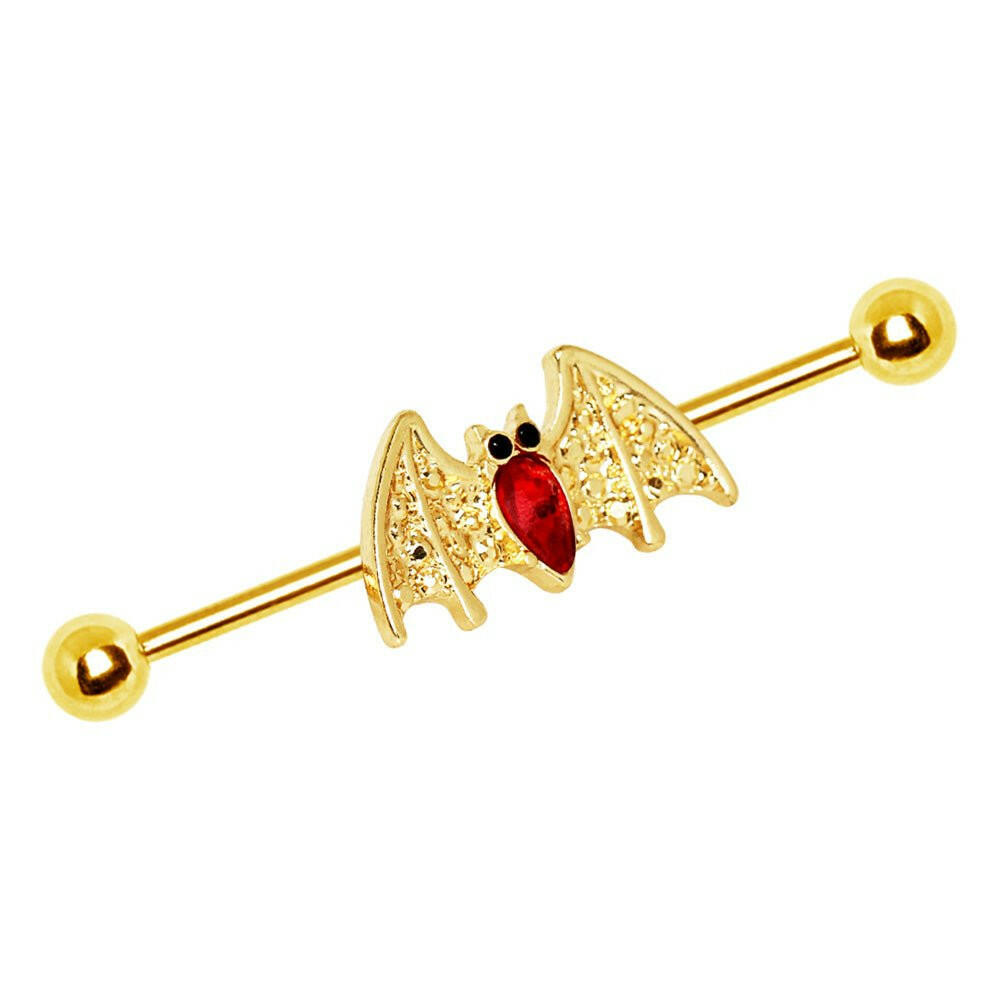 Gold Plated Industrial Barbell with Golden Blood Bat Industrial Barbell Impulse Piercings