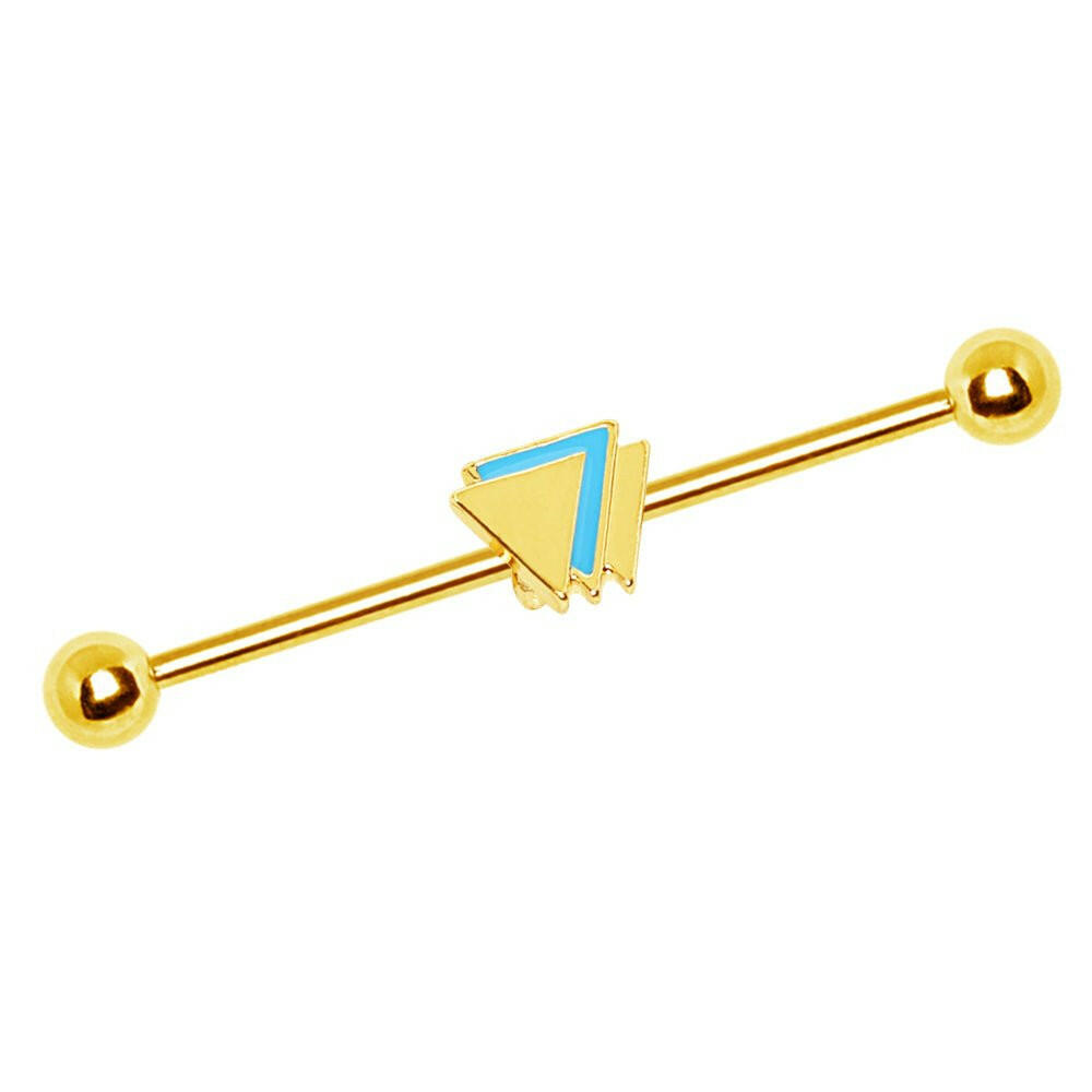 Gold Plated Industrial Barbell with Layered Triangle Industrial Barbell Impulse Piercings