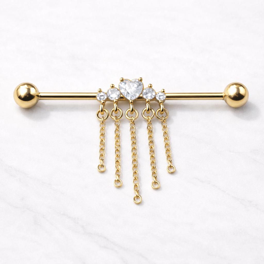 Gold Plated Jewel Accents and Dangling Chains Industrial Barbell