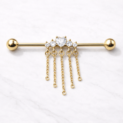 Gold Plated Jewel Accents and Dangling Chains Industrial Barbell