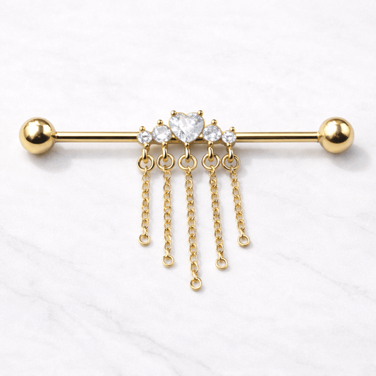 Gold Plated Jewel Accents and Dangling Chains Industrial Barbell