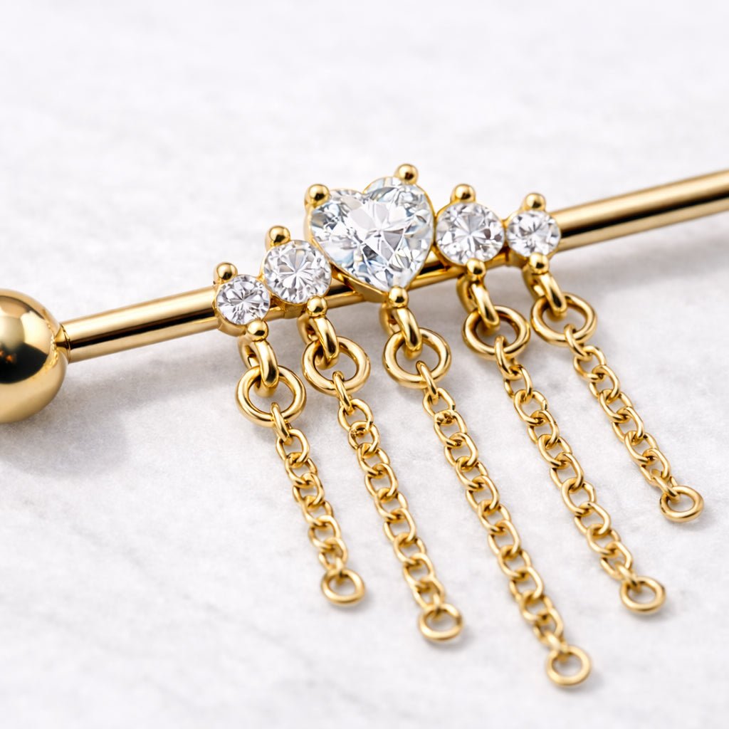 Gold Plated Jewel Accents and Dangling Chains Industrial Barbell
