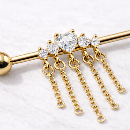 Gold Plated Jewel Accents and Dangling Chains Industrial Barbell