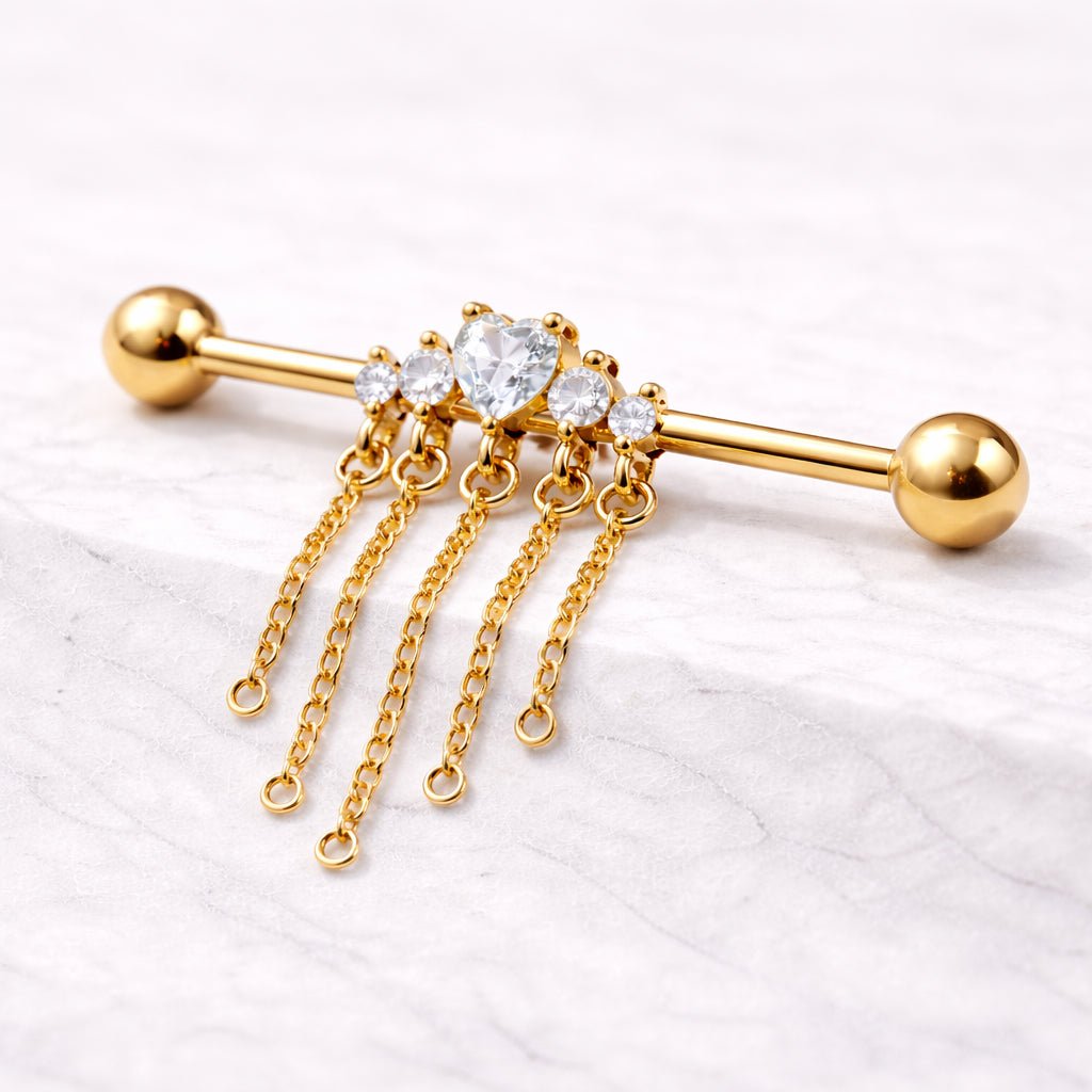 Gold Plated Jewel Accents and Dangling Chains Industrial Barbell