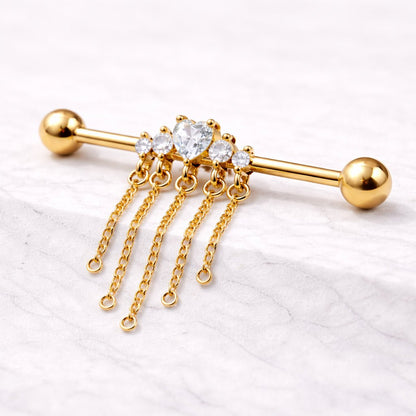 Gold Plated Jewel Accents and Dangling Chains Industrial Barbell