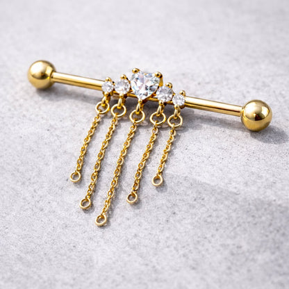 Gold Plated Jewel Accents and Dangling Chains Industrial Barbell