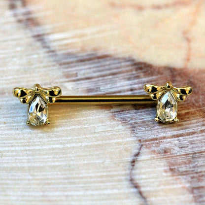 Gold Plated Jeweled Bee Nipple Bar Nipple Ring Impulse Piercings