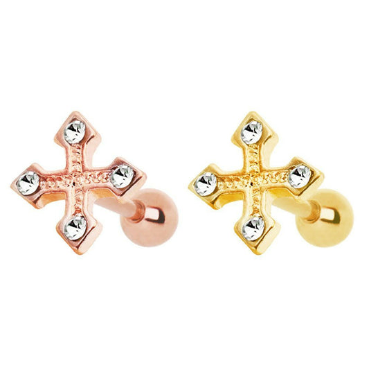 Gold Plated Cross Bottony Cartilage Earring front view