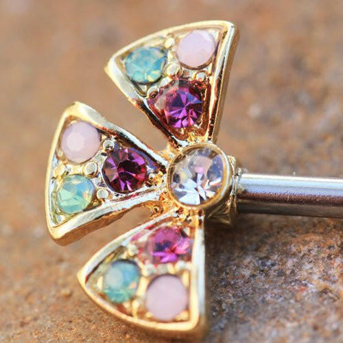 Gold Plated Jeweled Fan Shaped Flower Nipple Bar Nipple Ring Impulse Piercings