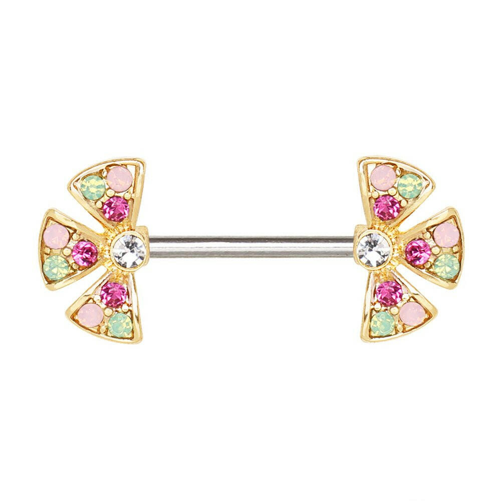 Gold Plated Jeweled Fan Shaped Flower Nipple Bar Nipple Ring Impulse Piercings