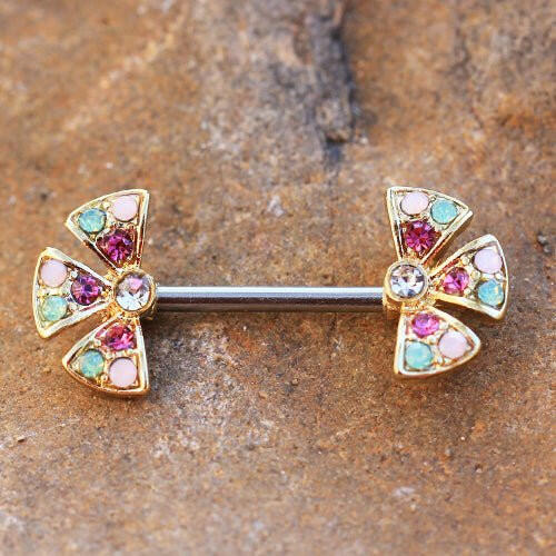 Gold Plated Jeweled Fan Shaped Flower Nipple Bar Nipple Ring Impulse Piercings