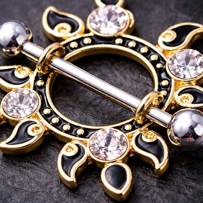 Gold Plated Jeweled Flaming Sun Nipple Shield Nipple Ring Skin Metals