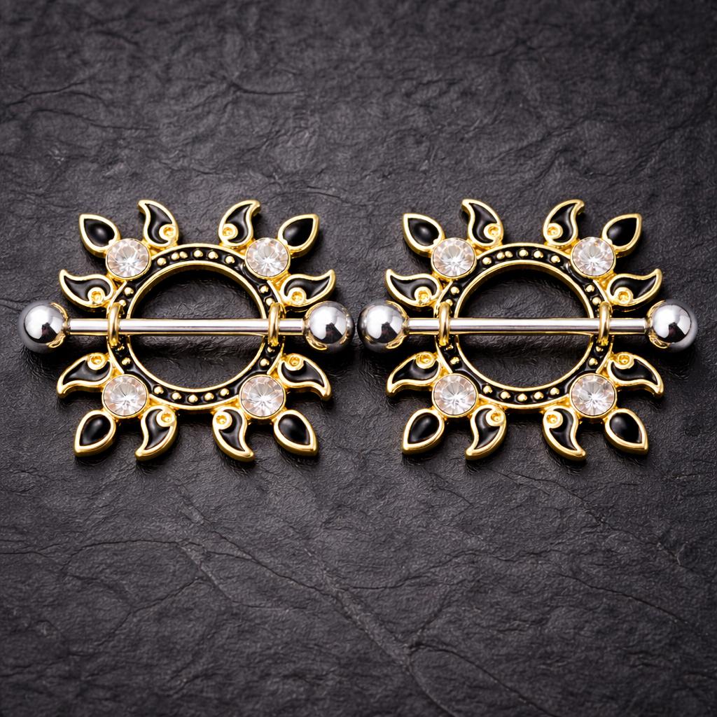 Gold Plated Jeweled Flaming Sun Nipple Shield Nipple Ring Skin Metals