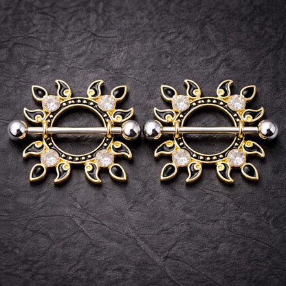 Gold Plated Jeweled Flaming Sun Nipple Shield Nipple Ring Skin Metals