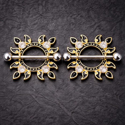 Gold Plated Jeweled Flaming Sun Nipple Shield Nipple Ring Skin Metals