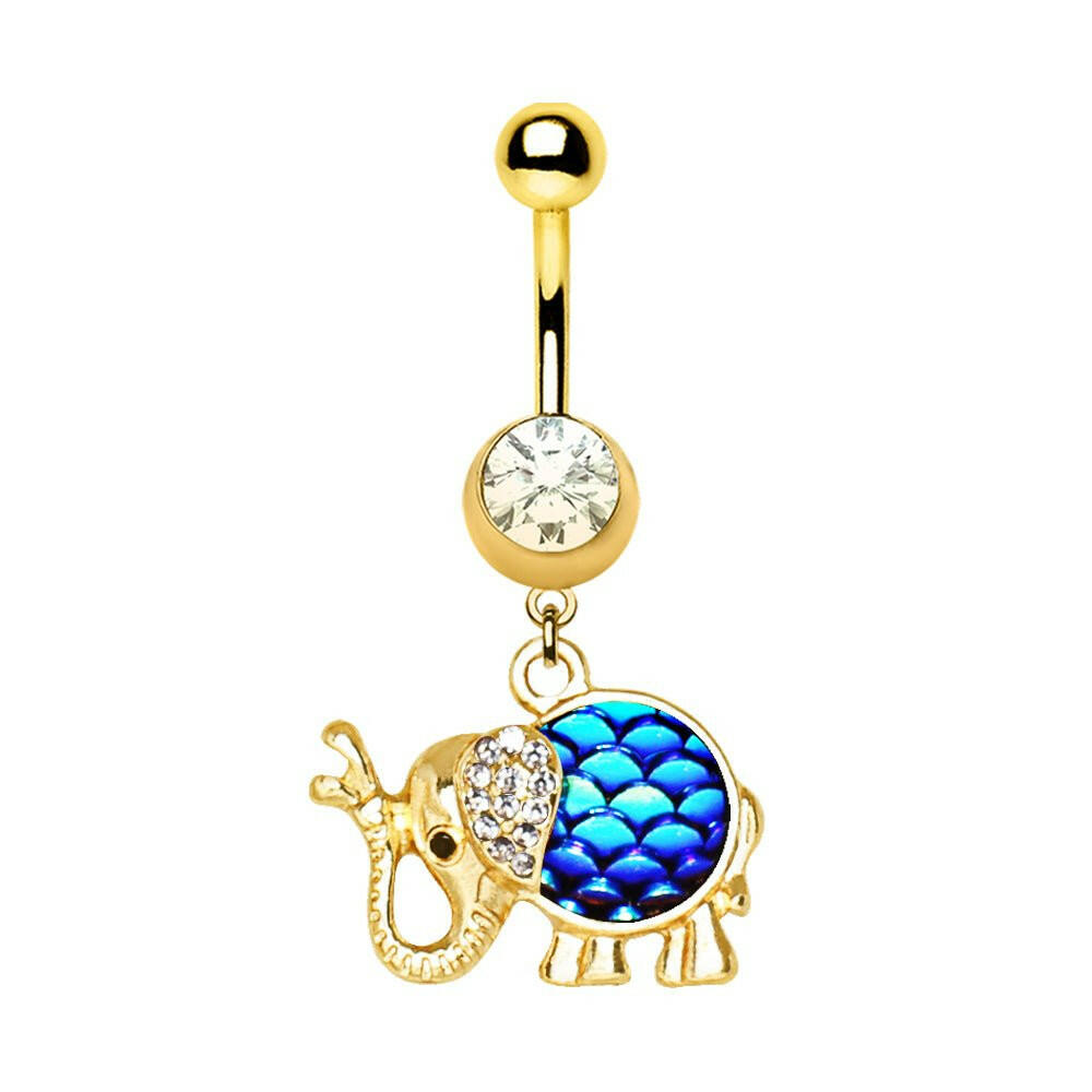 Gold Plated Jeweled Golden Elephant Dangle Navel Ring Navel Ring Impulse Piercings