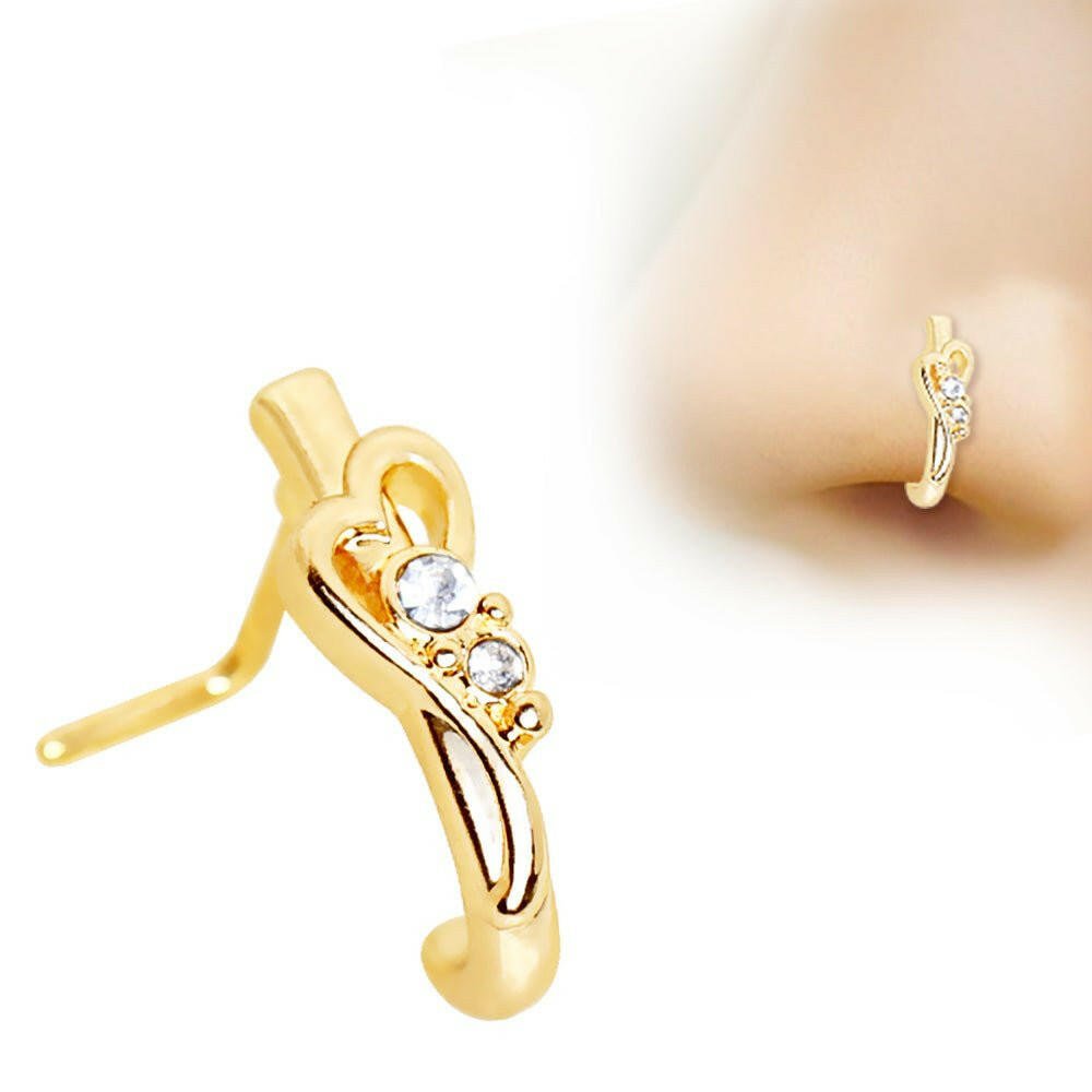 Gold Plated Jeweled Heart L Bend Half Nose Hoop