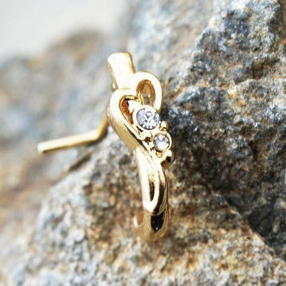 Gold Plated Jeweled Heart L Bend Half Nose Hoop