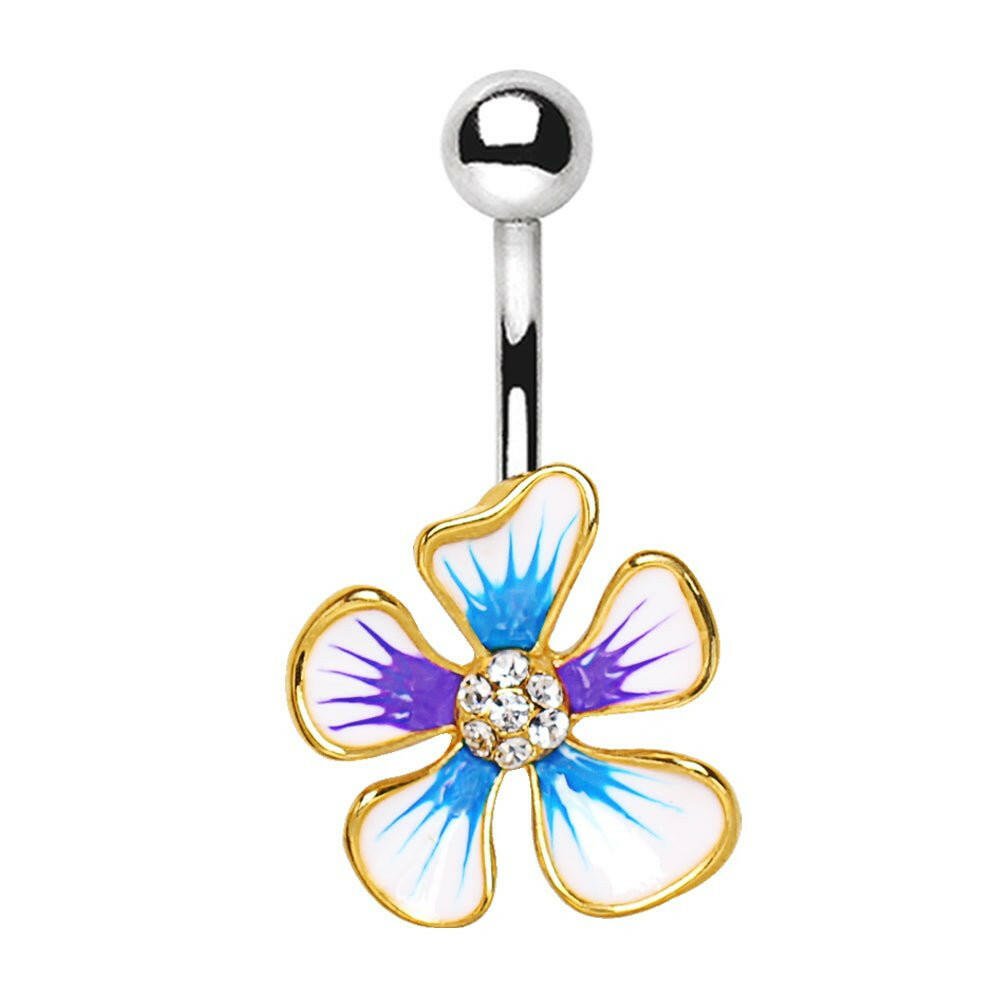 Gold plated hibiscus flower navel ring on white background, 14G blue purple enamel CZ 316L stainless steel belly ring