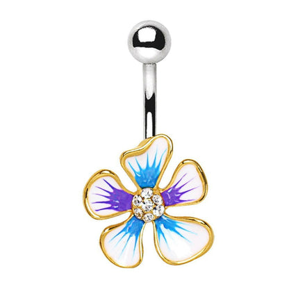 Gold plated hibiscus flower navel ring on white background, 14G blue purple enamel CZ 316L stainless steel belly ring