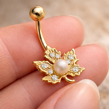 Gold Plated Jeweled Maple Leaf Navel Ring Navel Ring Impulse Piercings