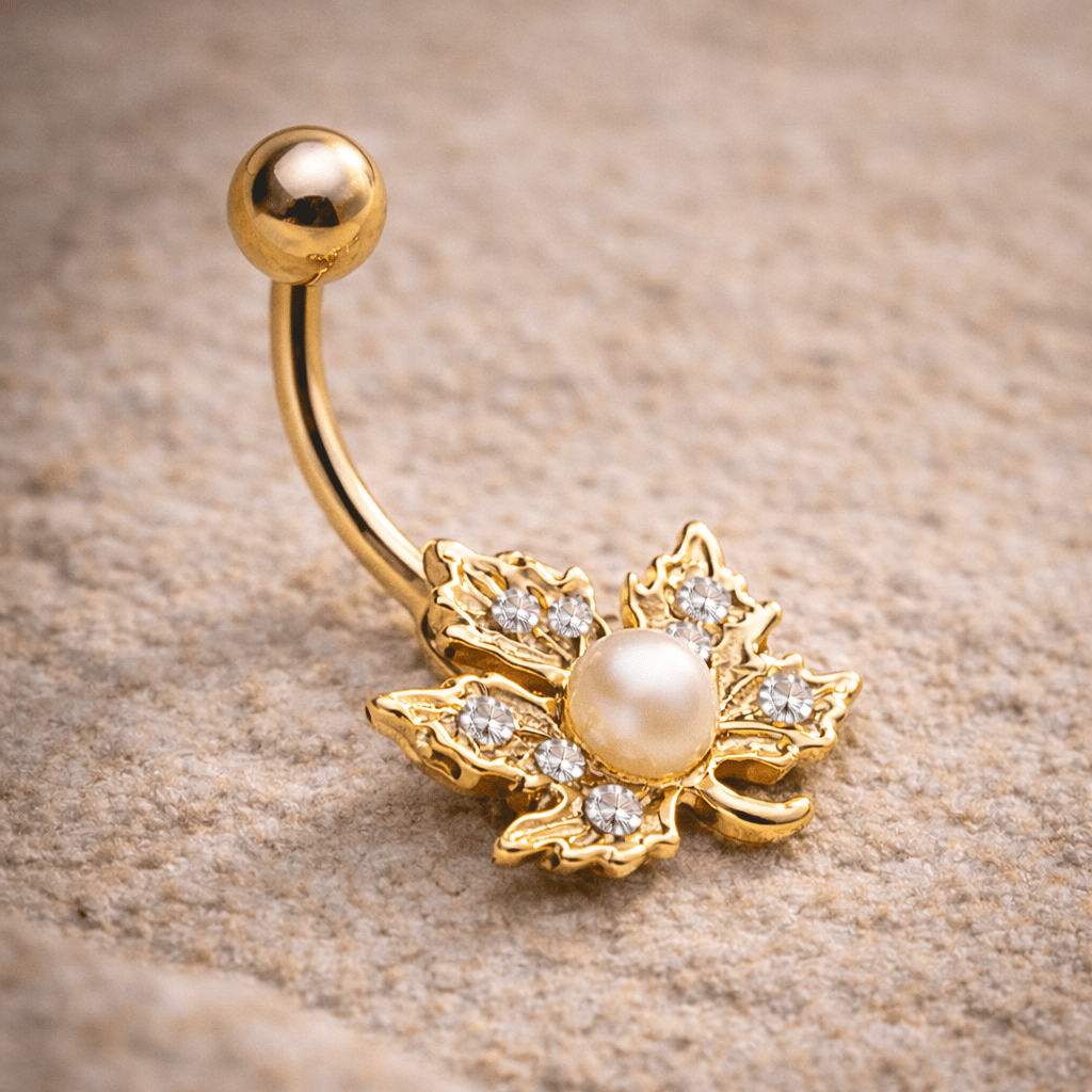 Gold Plated Jeweled Maple Leaf Navel Ring Navel Ring Impulse Piercings