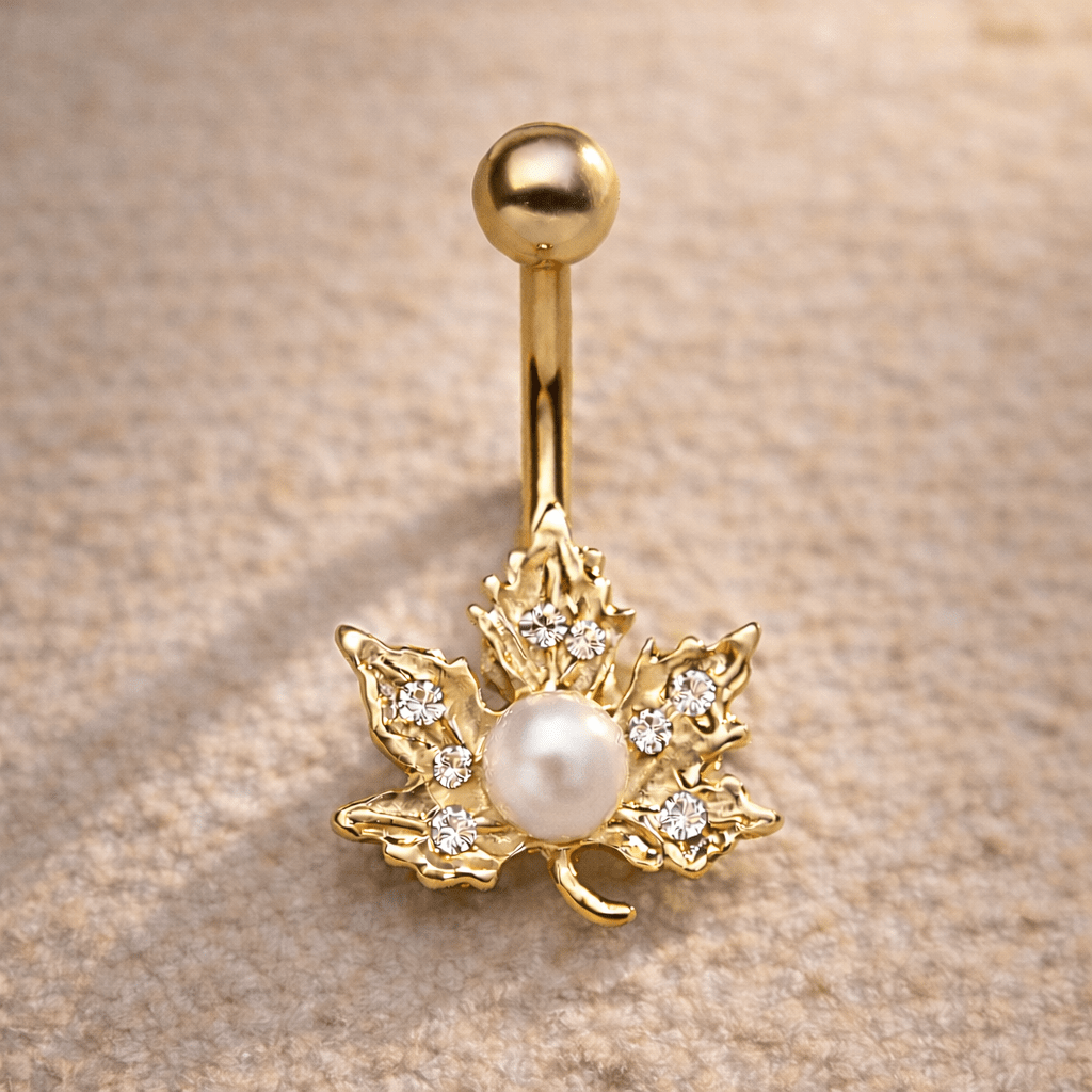 Gold Plated Jeweled Maple Leaf Navel Ring Navel Ring Impulse Piercings