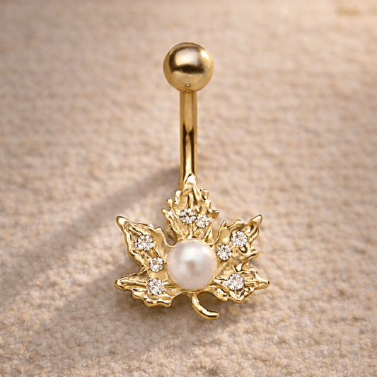 Gold Plated Jeweled Maple Leaf Navel Ring Navel Ring Impulse Piercings