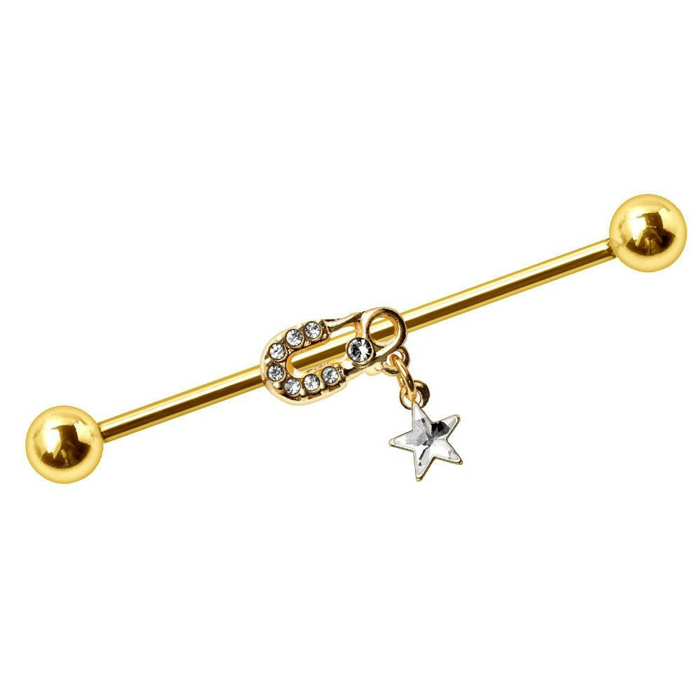 Gold Plated Jeweled Safety Pin and Star Industrial Barbell Industrial Barbell Impulse Piercings