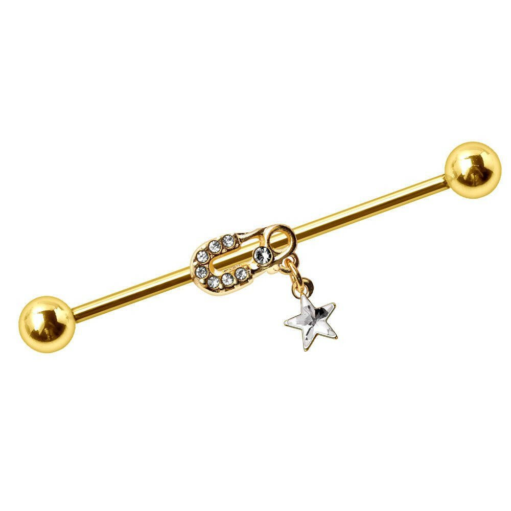 Gold Plated Jeweled Safety Pin and Star Industrial Barbell