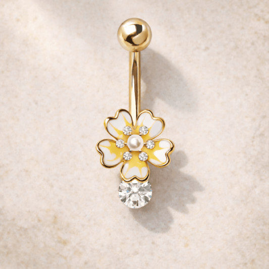 Gold Plated Jeweled White Flower Navel Ring Navel Ring Skin Metals