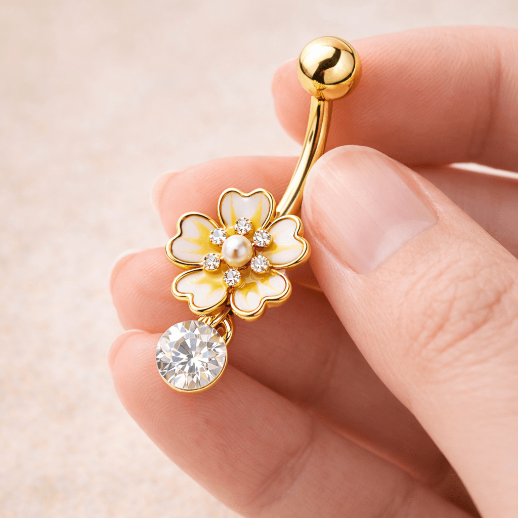 Gold Plated Jeweled White Flower Navel Ring Navel Ring Skin Metals