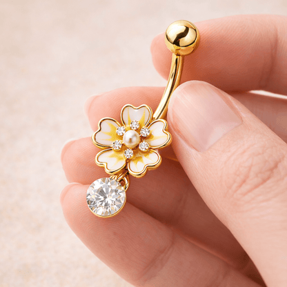 Gold Plated Jeweled White Flower Navel Ring Navel Ring Skin Metals