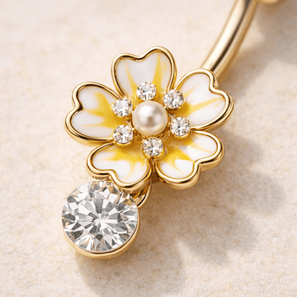 Gold Plated Jeweled White Flower Navel Ring Navel Ring Skin Metals