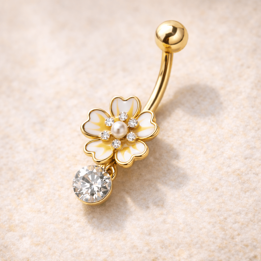 Gold Plated Jeweled White Flower Navel Ring Navel Ring Skin Metals