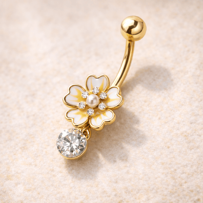 Gold Plated Jeweled White Flower Navel Ring Navel Ring Skin Metals