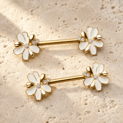 Gold plated jeweled white flower nipple bar 14G pair, white enamel CZ yellow gold stainless steel body jewelry