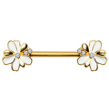 Gold Plated Jeweled White Flower Nipple Bar Nipple Ring Impulse Piercings