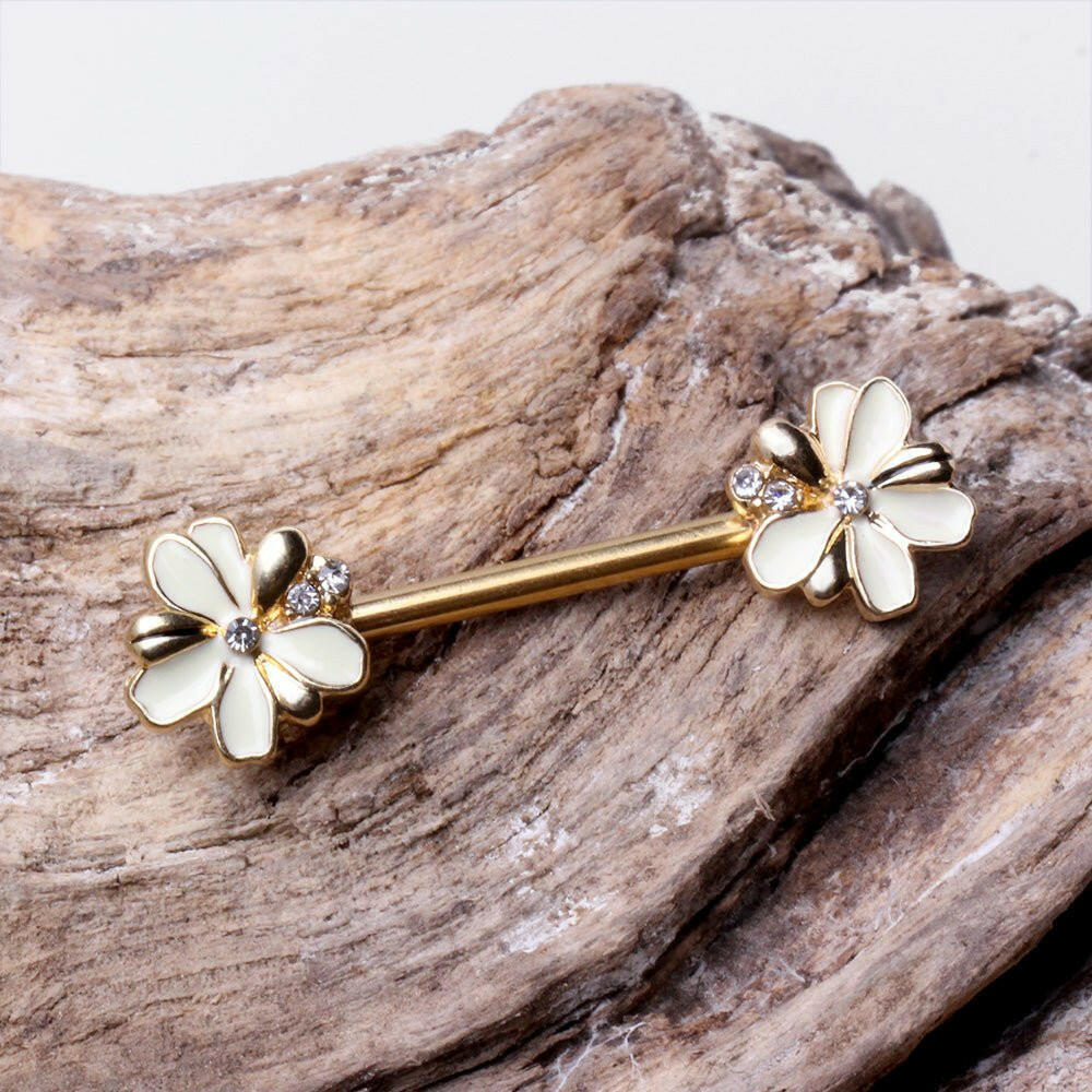 Gold Plated Jeweled White Flower Nipple Bar Nipple Ring Impulse Piercings