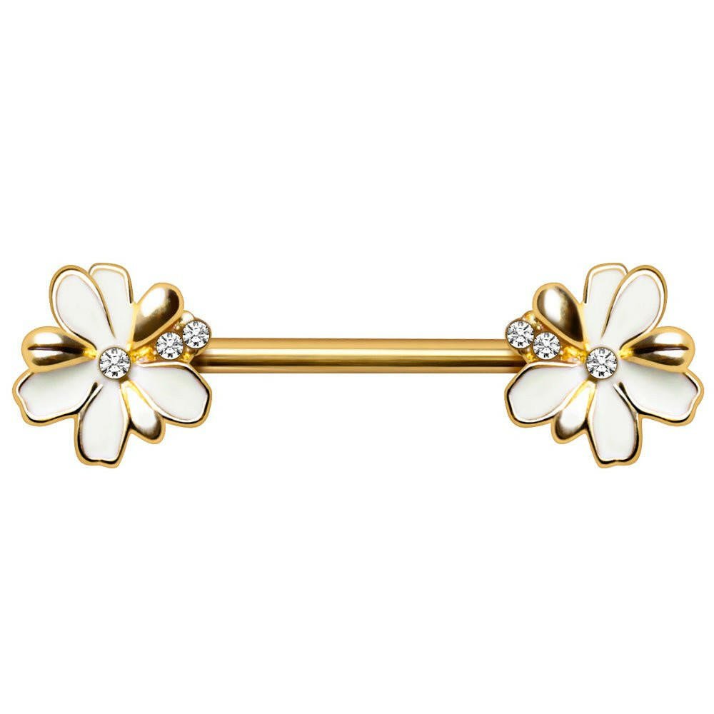 Gold plated jeweled white flower nipple bar pair on white background, 14G white enamel CZ yellow gold stainless steel