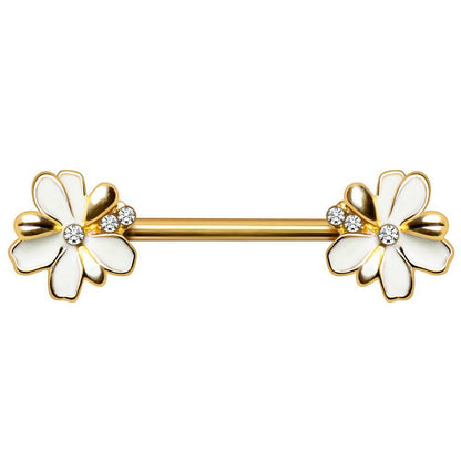 Gold plated jeweled white flower nipple bar pair on white background, 14G white enamel CZ yellow gold stainless steel