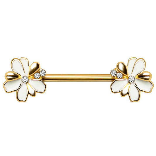 Gold Plated Jeweled White Flower Nipple Bar 14G Pair CZ