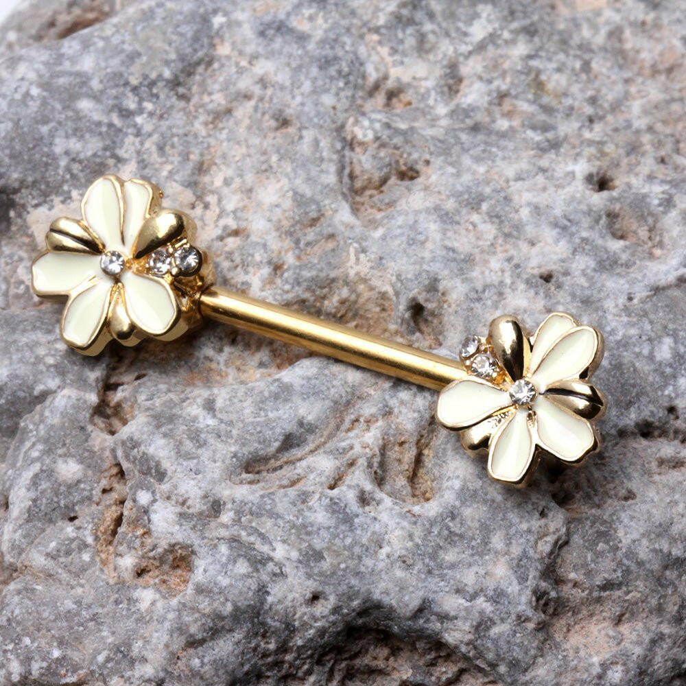 Gold Plated Jeweled White Flower Nipple Bar Nipple Ring Impulse Piercings