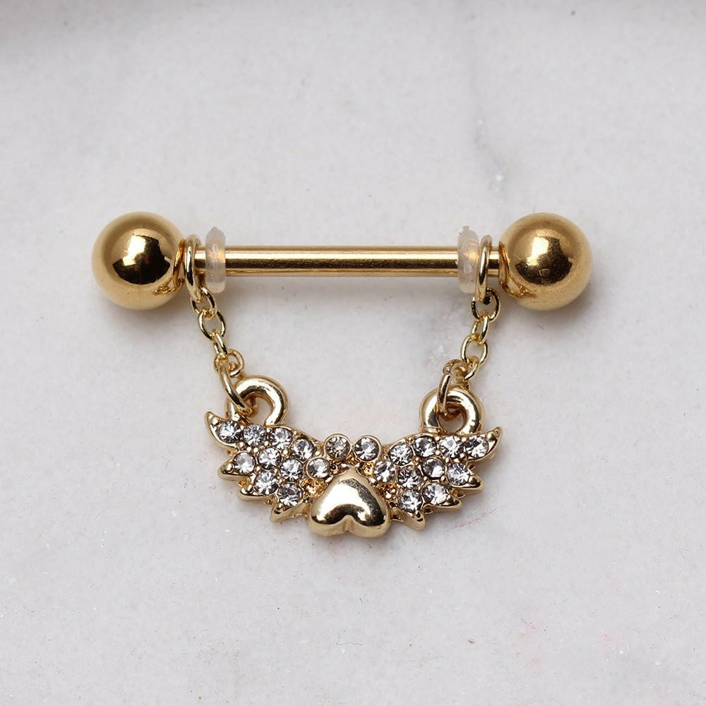 Gold Plated Jeweled Winged Heart Nipple Ring Nipple Ring Impulse Piercings